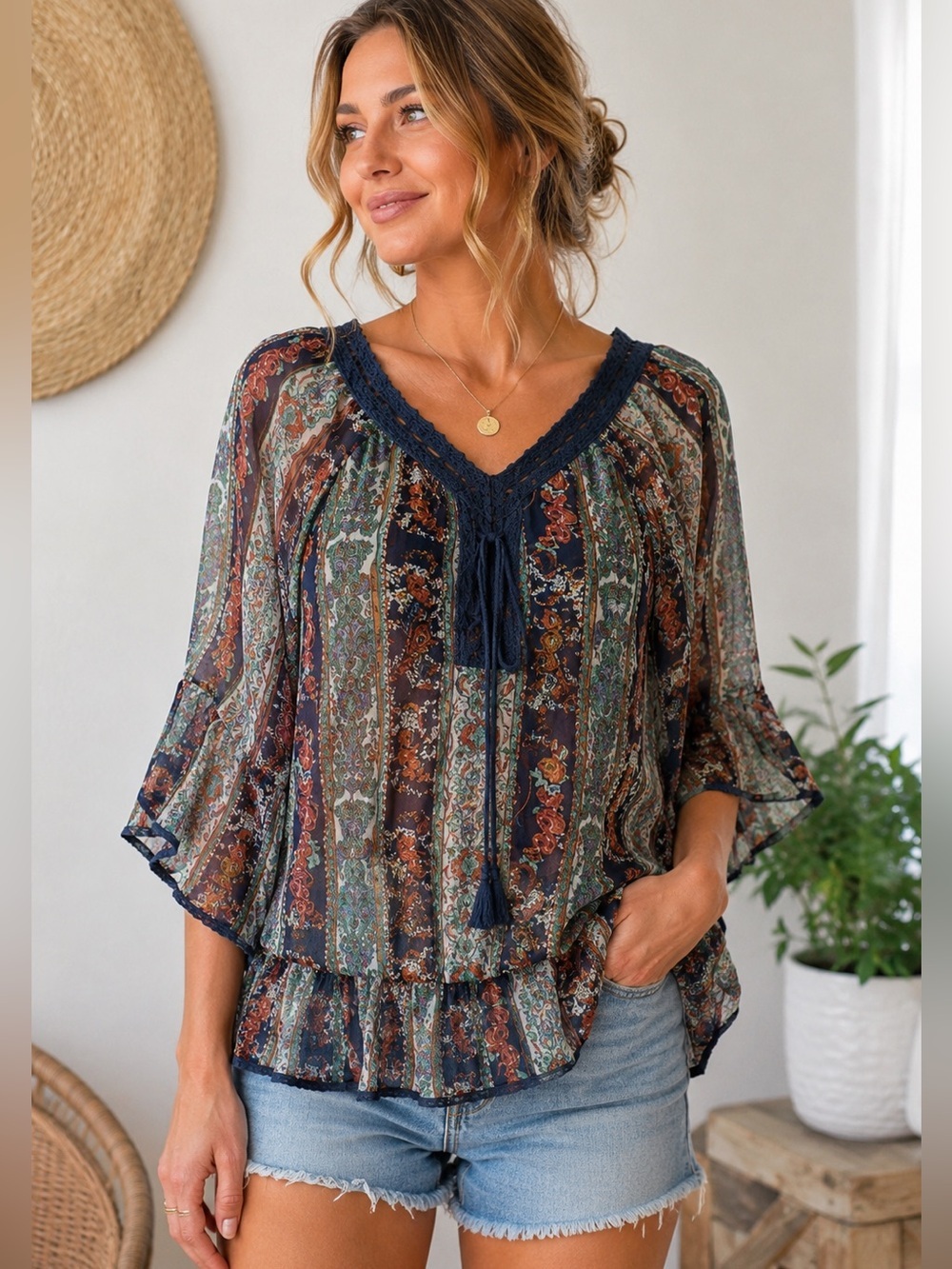 Boho Peasant Blouse Sheer Floral Paisley Cottagecore Small